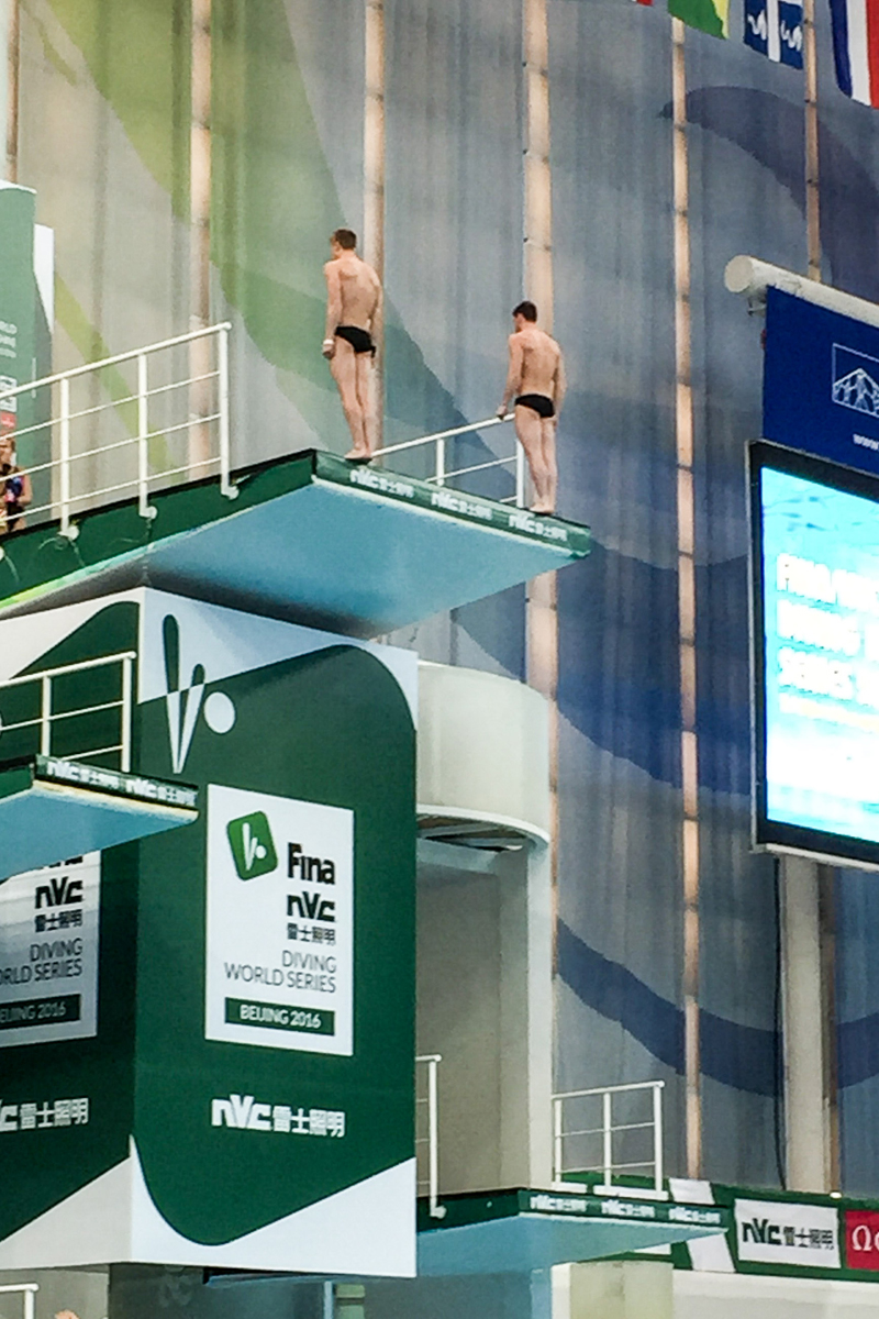 David Boudia and Steel Johnson on the 10-metre platform in Beijing. David is the 2012 Olympic Gold Medalist on individual 10-meter platform.