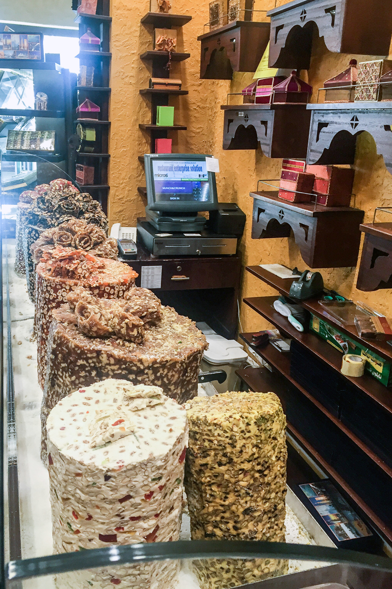 Pillars of nougat with nuts for sale in the Souk Madinat Jumeriah market.