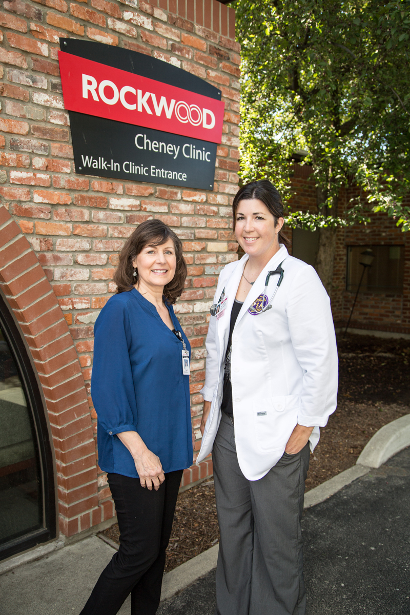Carol Gahl, PA-C and Tracey Hopper outside the Rockwood Cheney Clinic. Carol is Tracey's preceptor at the clinic.