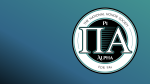a blue banner with a white, black, and teal logo for Pi Alpha honor society
