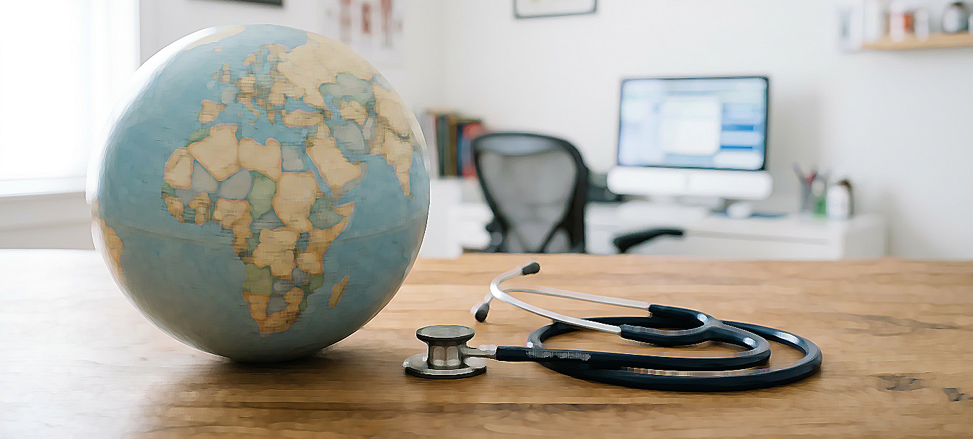 Stethoscope on a table next to a globe in a doctor's office