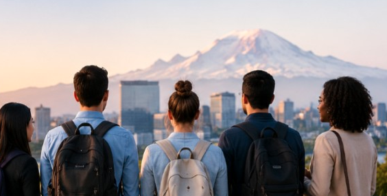 A group of students looking out over a cityscape with mountain in the background
